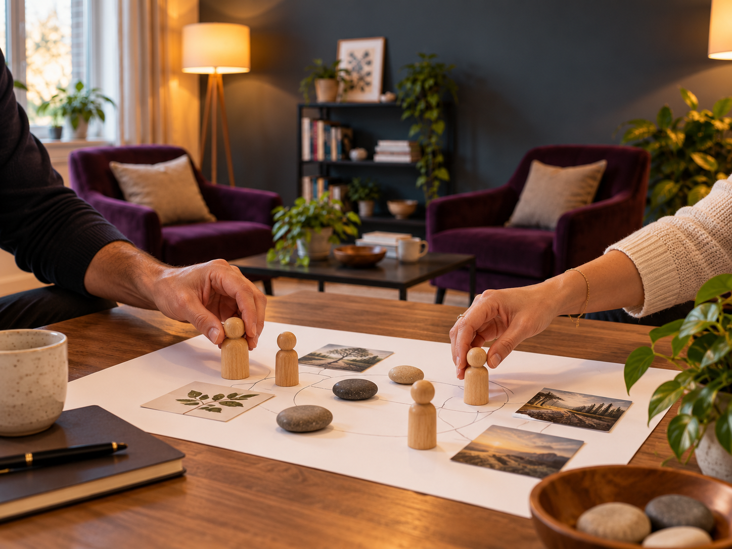 Deux mains déplacent des figurines en bois parmi des galets et des cartes sur une feuille où des relations sont tracées.