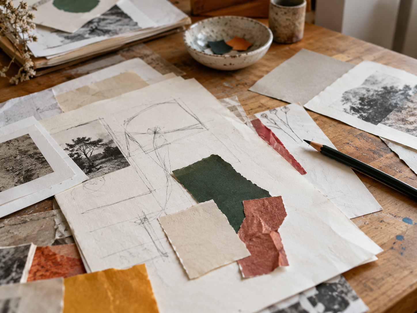 Papiers colorés et fragments imprimés disposés sur une feuille portant de fins tracés au crayon.